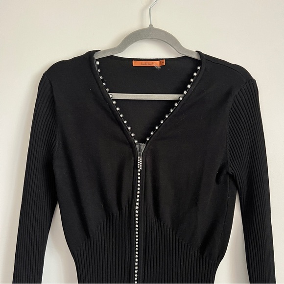 Bellini Y2K Black Ribbed Zip Front Cardigan Sweater Rhinestone Trim Size M - Picture 2 of 8